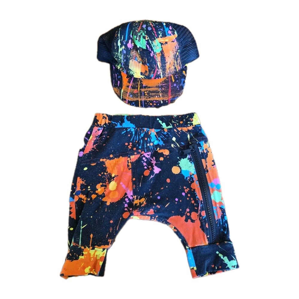 Posh Kiddos Black Paint Splatter Pants 12-18mo & Matching George Hats